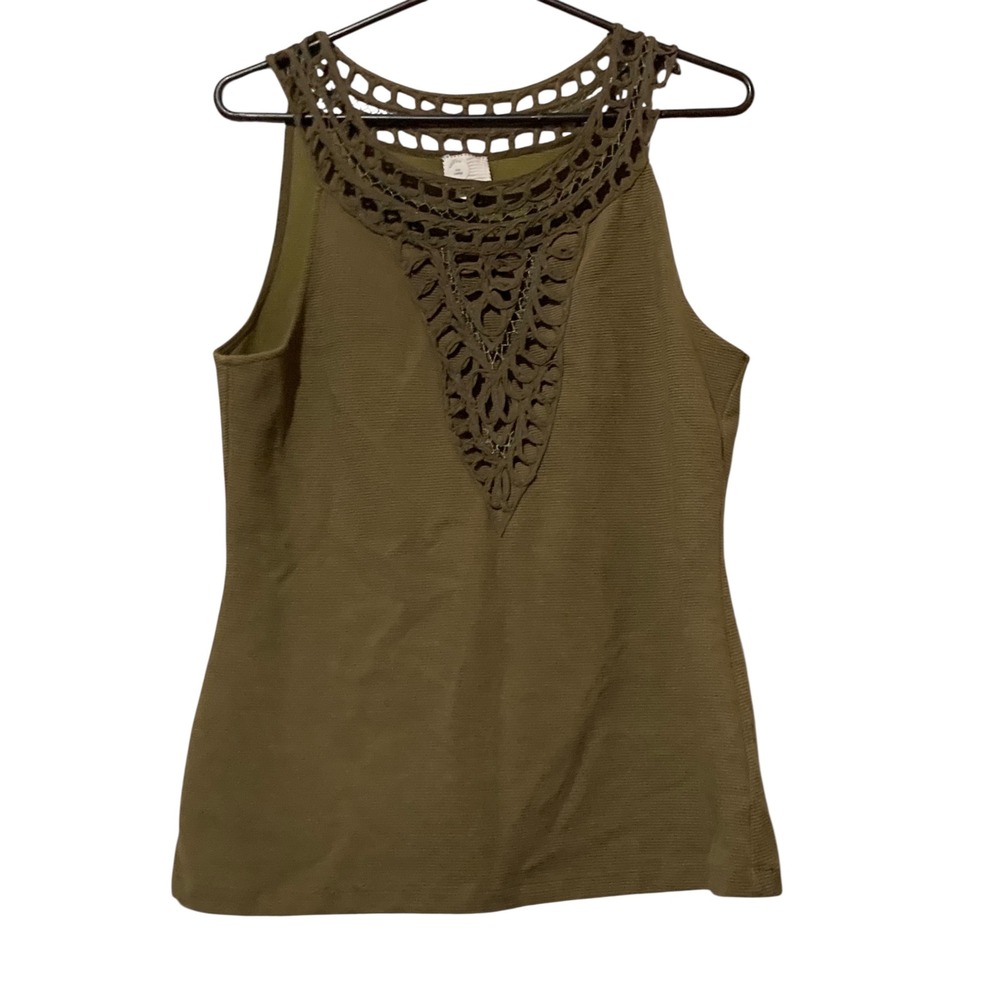 Anthropologie Postmark Olive Green Crochet Lace Neck Textured Knit Tank Top L